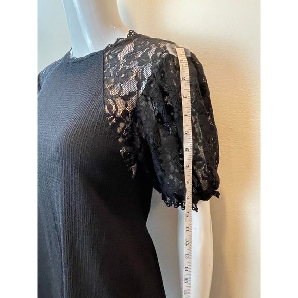 Zara Womens Floral Lace Shift Dress Puff Sleeve Waffle Knit Back Keyhole Black S - Picture 4 of 6